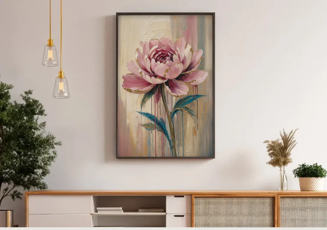 Abstract Art for Dining Room with a Gilded Peony canvas wall art above a wooden sideboard under pendant lights
