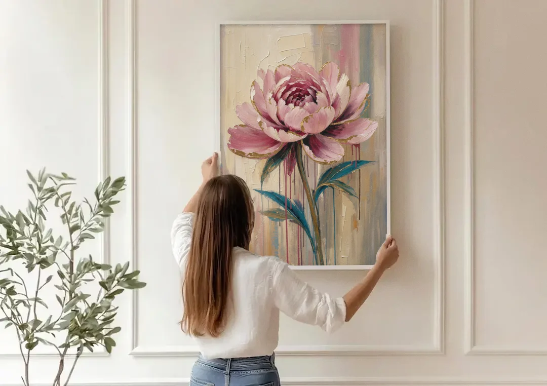 Abstract Art for Dining Room with a Gilded Peony canvas wall art being hung on a paneled wall