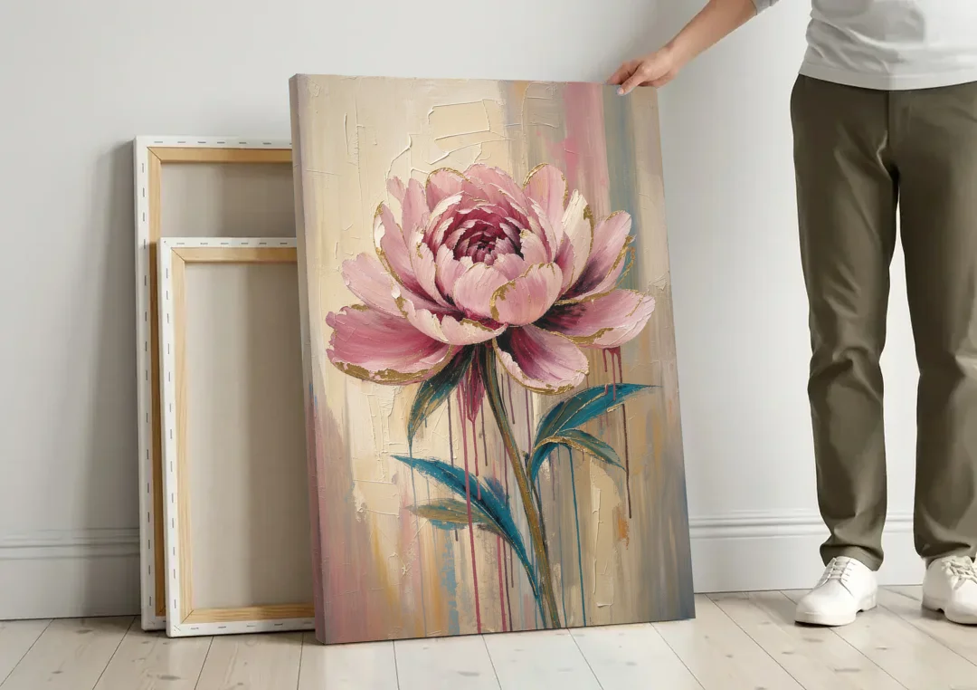 Abstract Art for Dining Room with a Gilded Peony canvas wall art leaning against a wall next to blank canvases
