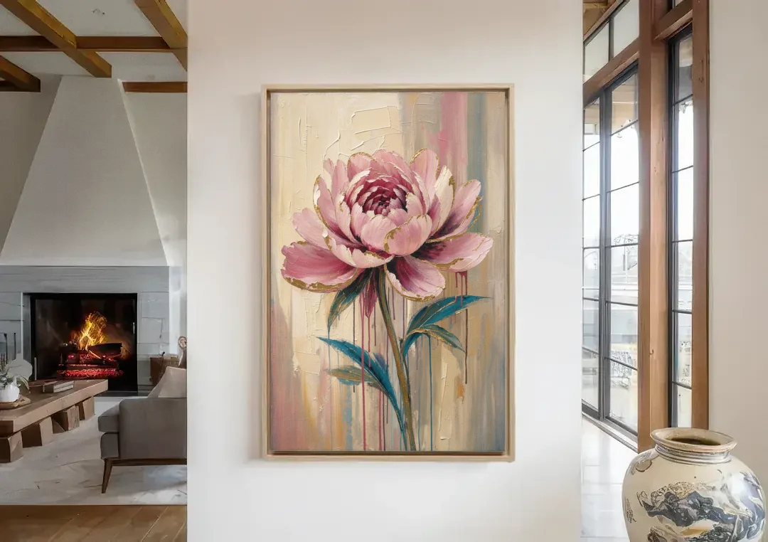 Abstract Art for Dining Room with a Gilded Peony canvas wall art in a living room with a fireplace