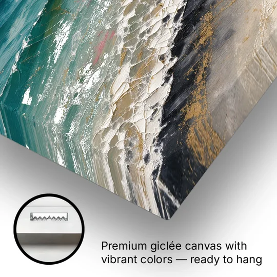 Abstract Beach Painting with Gold Foam Lines - Canvas Wall Art - Gallery Wrap Corner