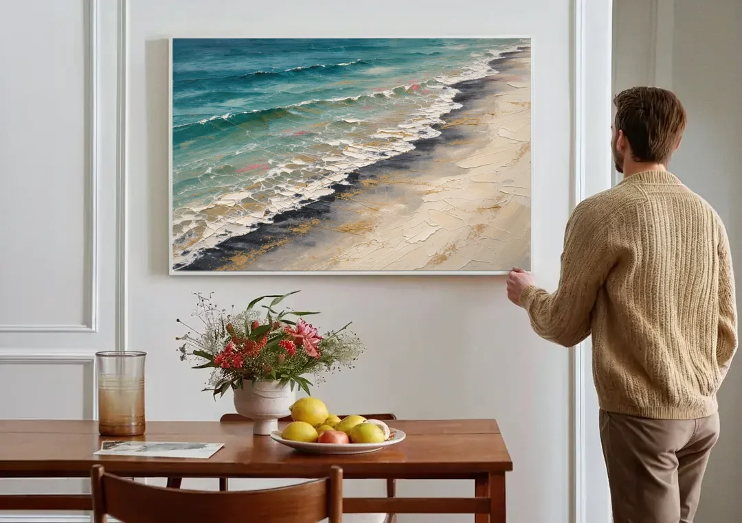 Abstract Beach Painting with Gold Foam Lines canvas wall art above a dining table