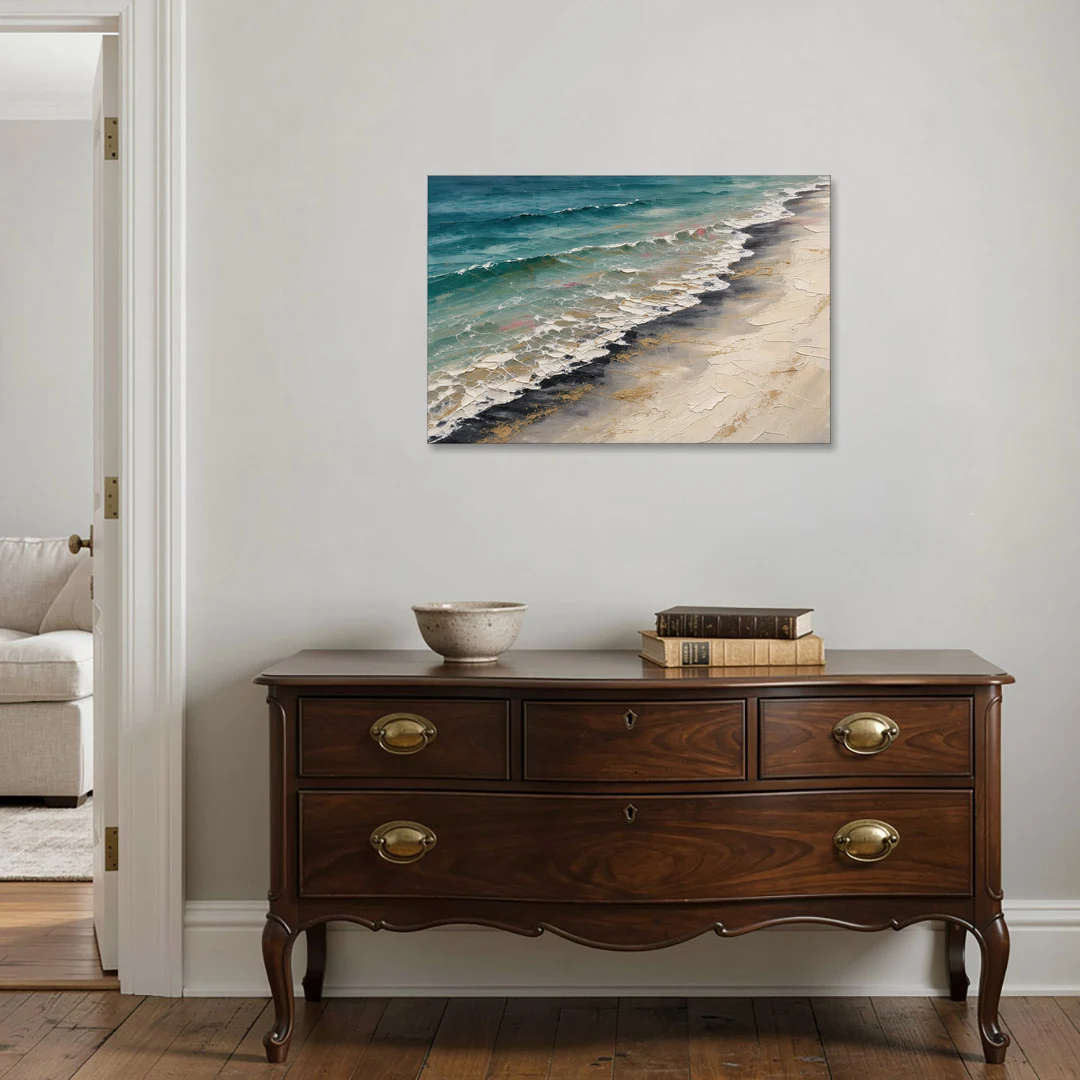 Abstract Beach Painting with Gold Foam Lines - Canvas Wall Art - Coffee Table - 36x24