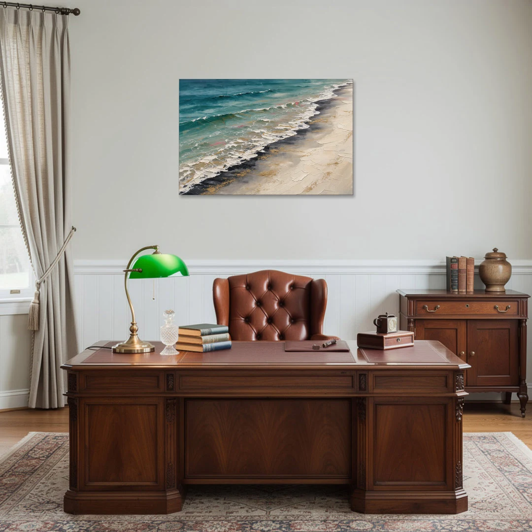 Abstract Beach Painting with Gold Foam Lines - Canvas Wall Art - Office - 36x24