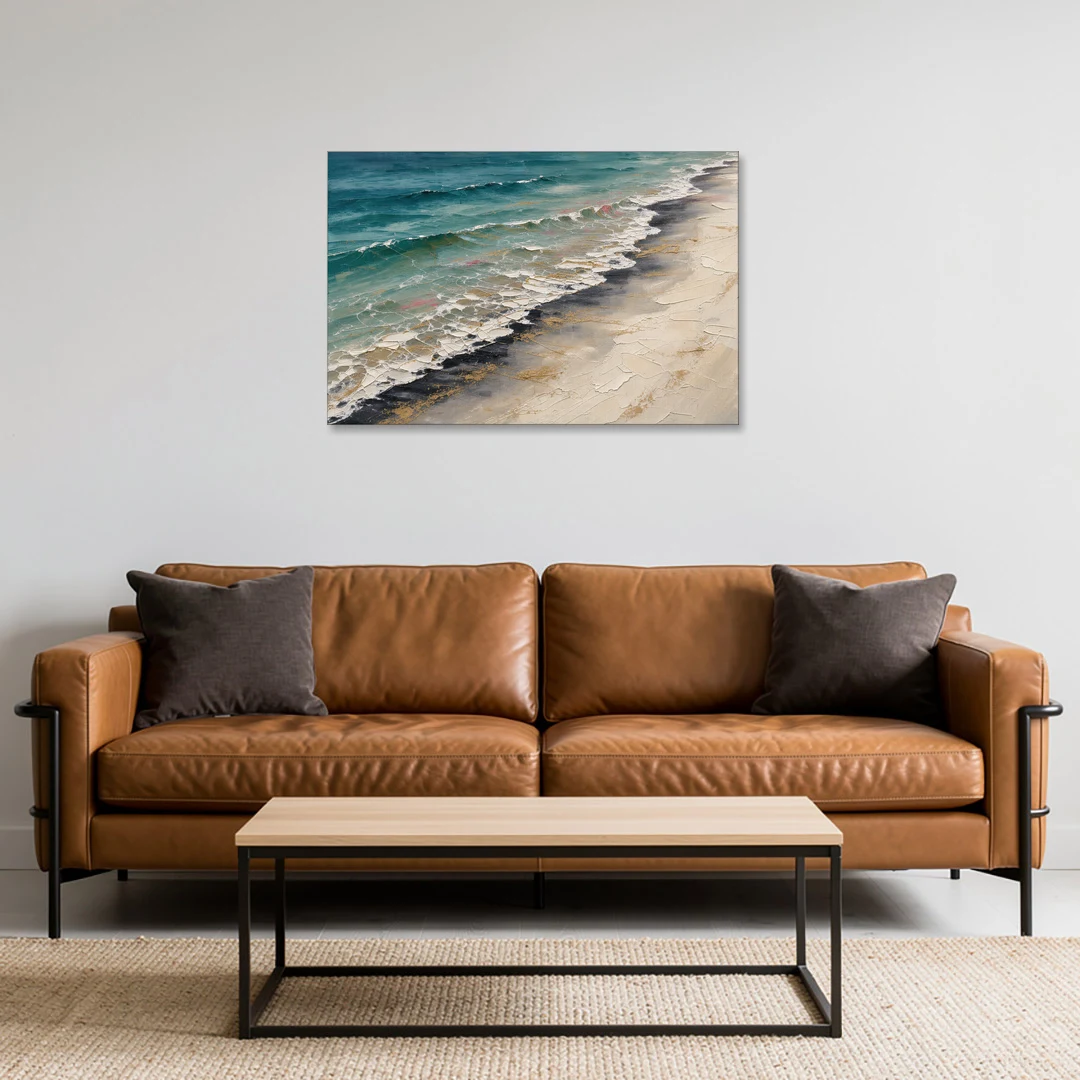 Abstract Beach Painting with Gold Foam Lines - Canvas Wall Art - Sofa - 36x24