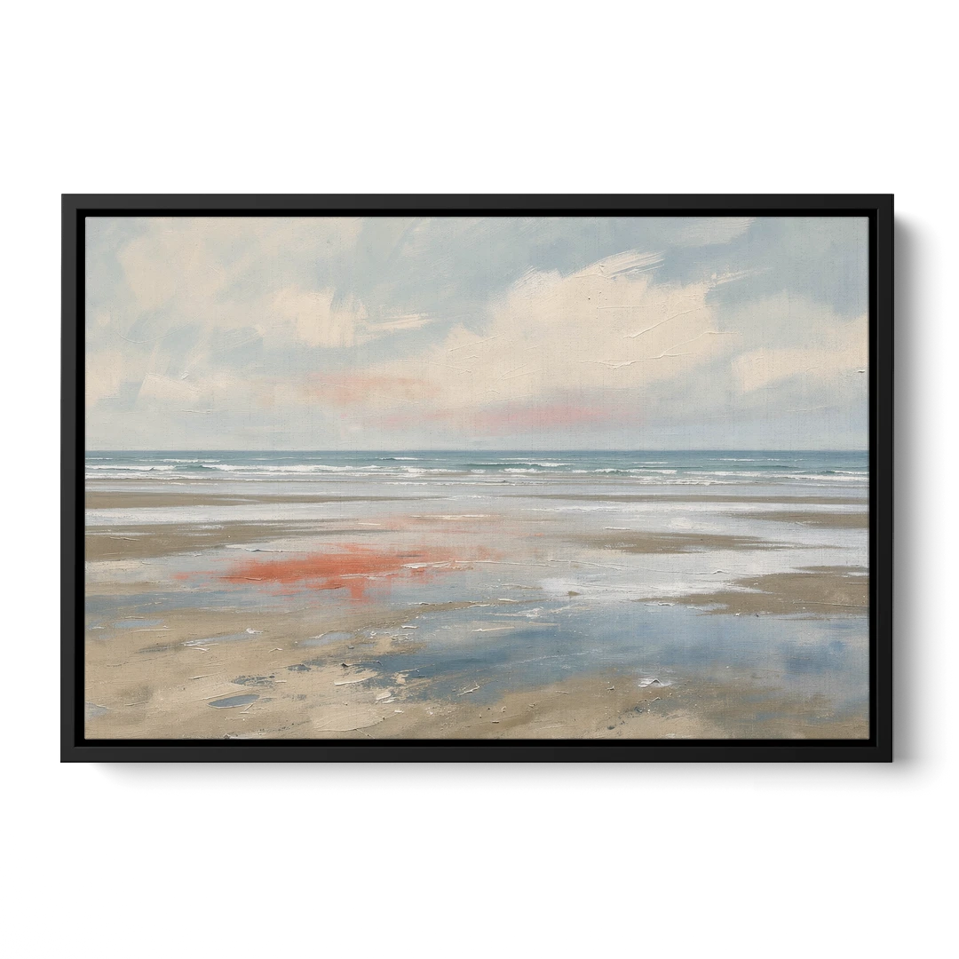 Abstract Beach Wall Art of Coral Tidal Flats - Black Framed Canvas Wall Art - Front