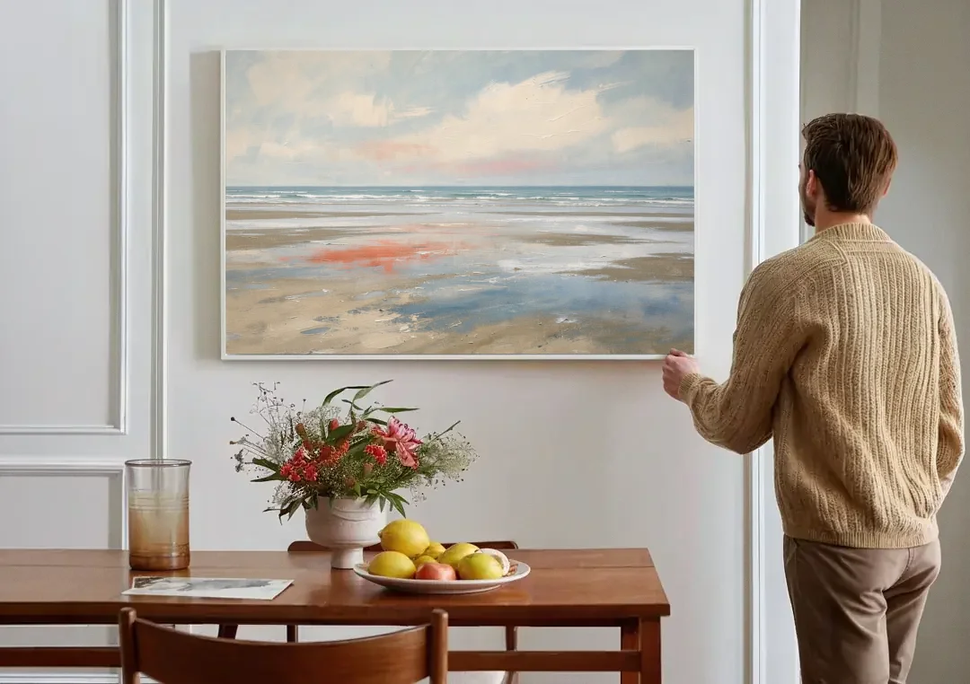 Abstract Beach Wall Art of Coral Tidal Flats canvas wall art above a dining table