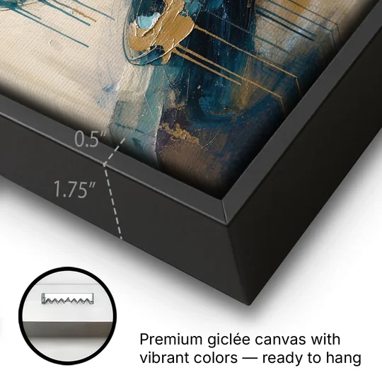 Abstract Blue and Gold Spiral Ascent - Black Framed Canvas Wall Art - Gallery Wrap Corner