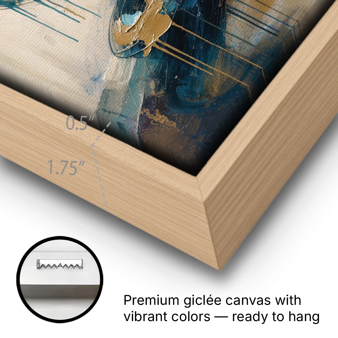 Abstract Blue and Gold Spiral Ascent - Oak Framed Canvas Wall Art - Gallery Wrap Corner