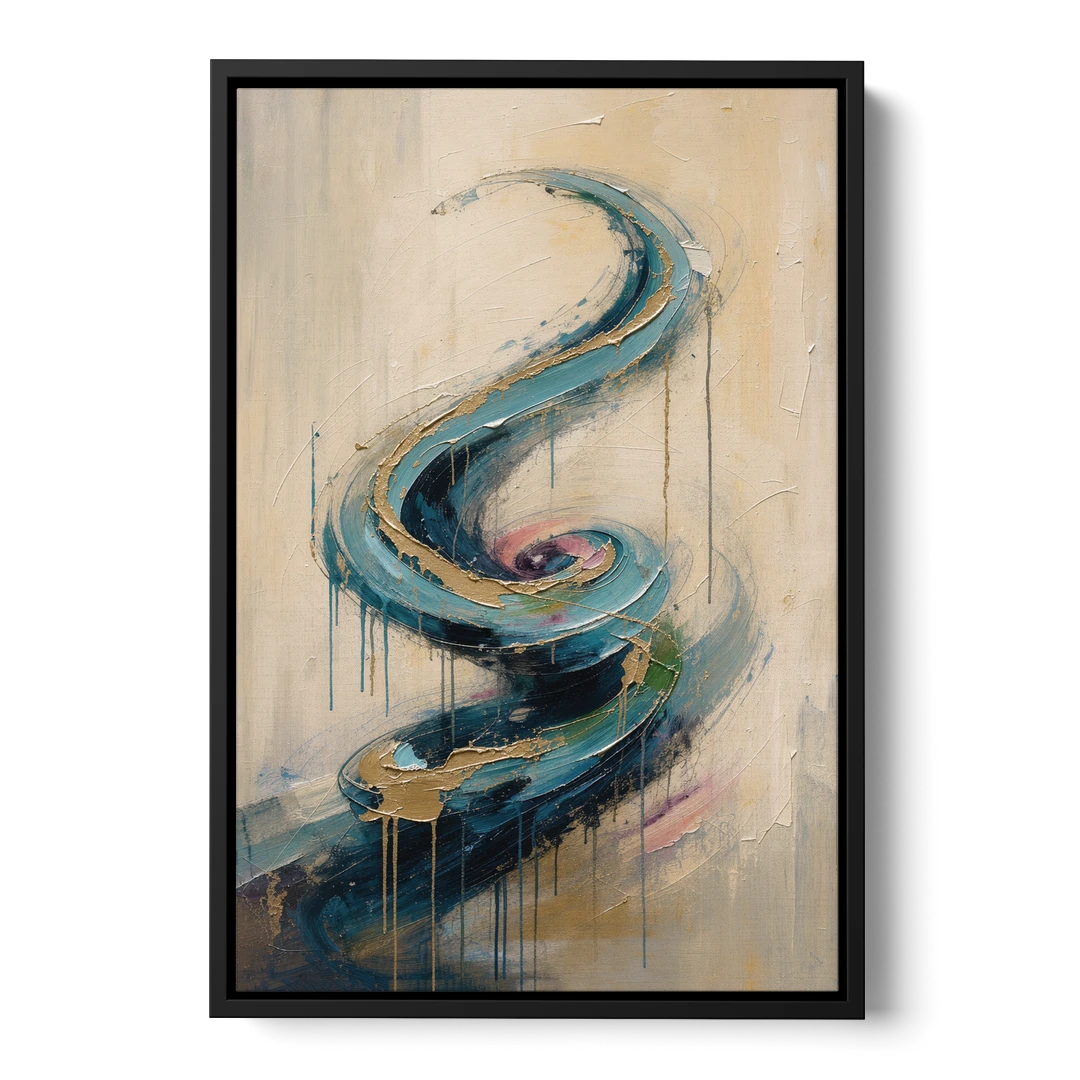 Abstract Blue and Gold Spiral Ascent - Black Framed Canvas Wall Art - Front