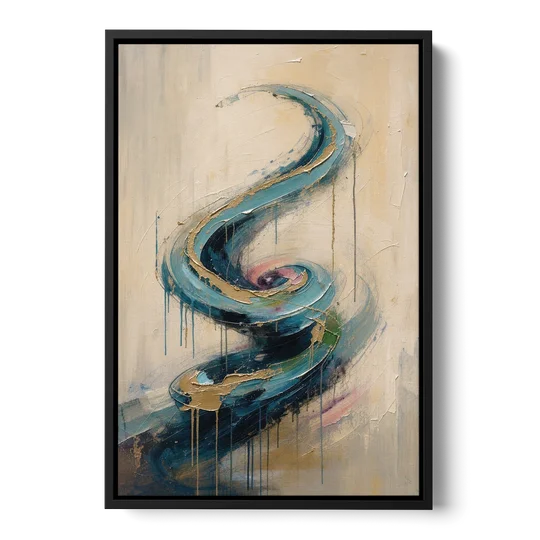 Abstract Blue and Gold Spiral Ascent - Black Framed Canvas Wall Art - Front