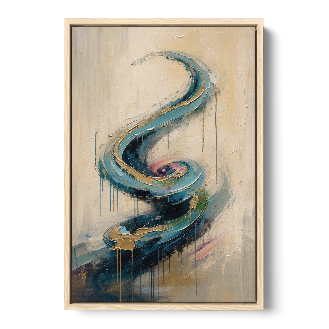 Abstract Blue and Gold Spiral Ascent - Oak Framed Canvas Wall Art - Front