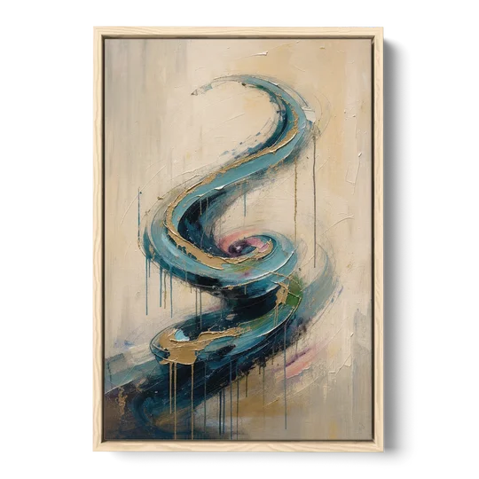 Abstract Blue and Gold Spiral Ascent - Oak Framed Canvas Wall Art - Front