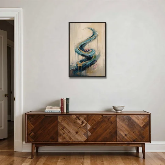 Abstract Blue and Gold Spiral Ascent - Black Framed Canvas Wall Art - Coffee Table - 24x36