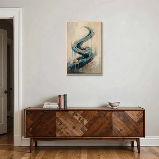 Abstract Blue and Gold Spiral Ascent - Oak Framed Canvas Wall Art - Coffee Table - 24x36
