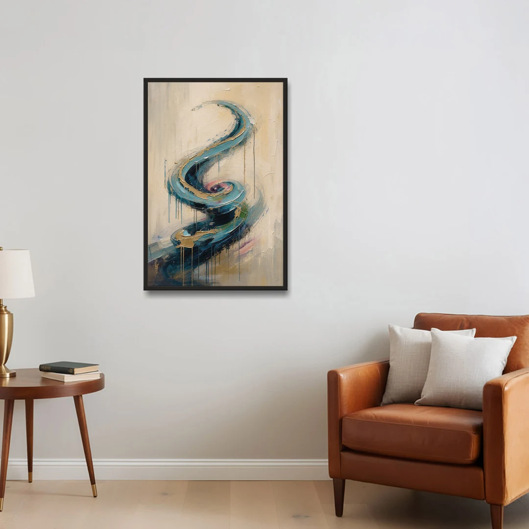 Abstract Blue and Gold Spiral Ascent - Black Framed Canvas Wall Art - Sofa - 24x36