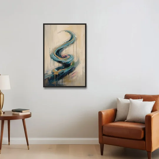 Abstract Blue and Gold Spiral Ascent - Black Framed Canvas Wall Art - Sofa - 24x36
