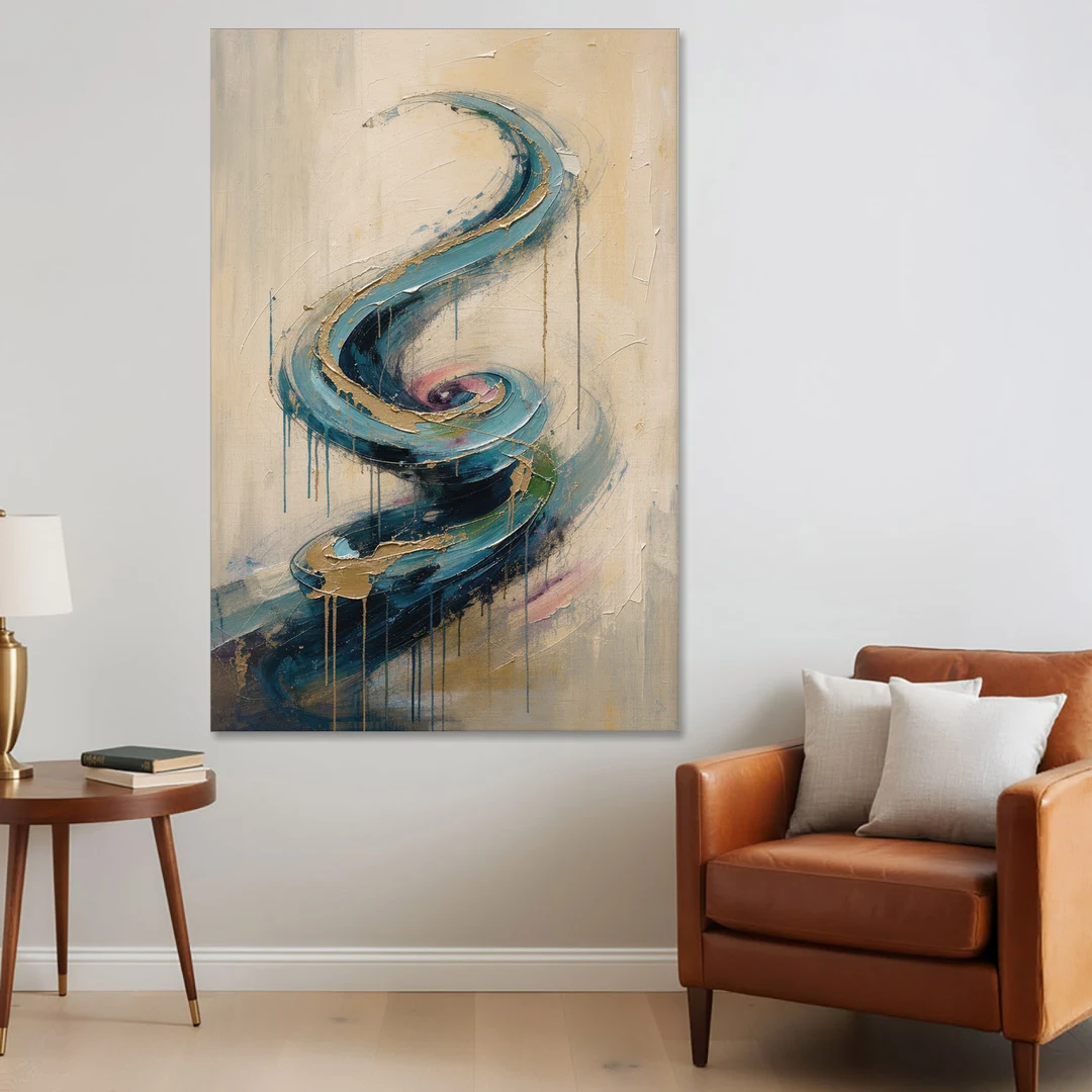 Abstract Blue and Gold Spiral Ascent - Canvas Wall Art - Sofa - 40x60