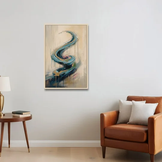 Abstract Blue and Gold Spiral Ascent - Oak Framed Canvas Wall Art - Sofa - 24x36