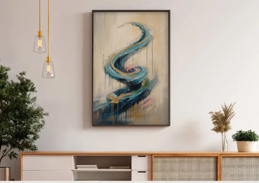 Abstract Blue and Gold Spiral Ascent canvas wall art above a wooden sideboard under pendant lights