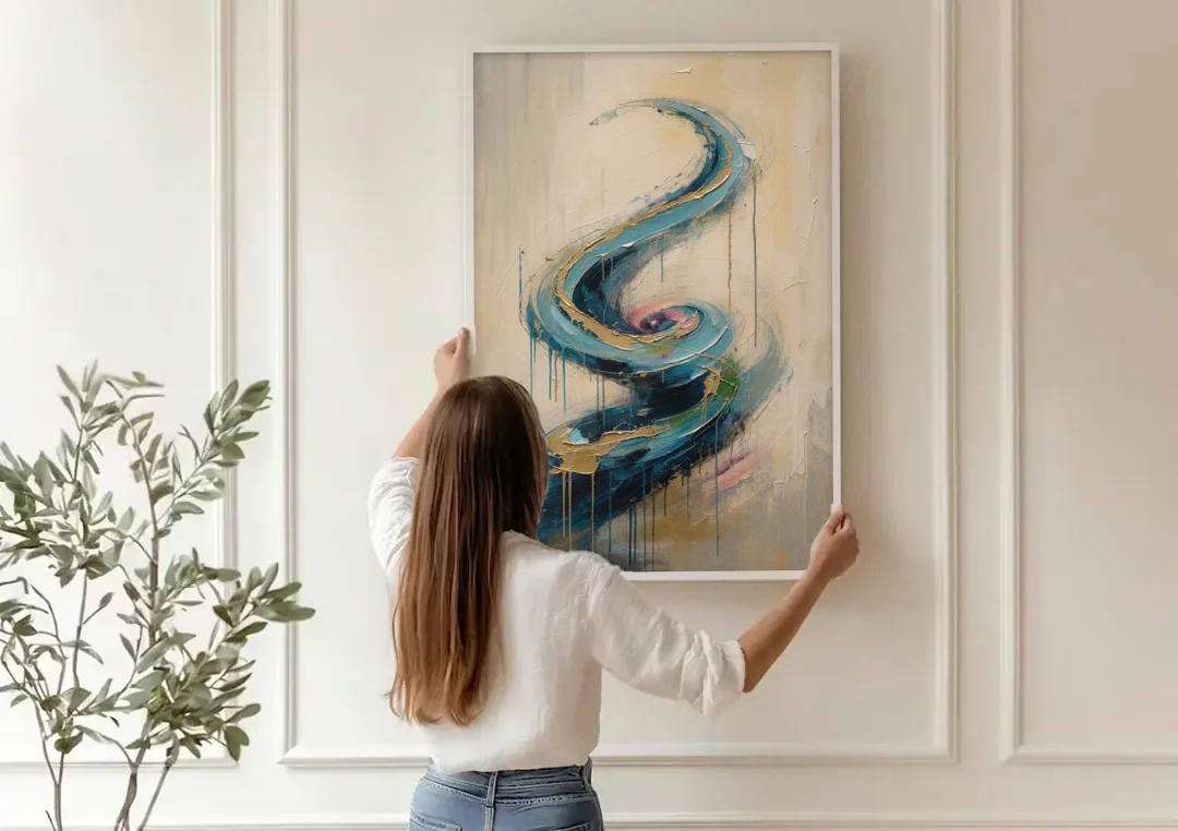 Abstract Blue and Gold Spiral Ascent canvas wall art being hung on a paneled wall