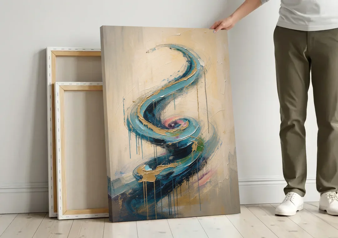 Abstract Blue and Gold Spiral Ascent canvas wall art leaning against a wall next to blank canvases