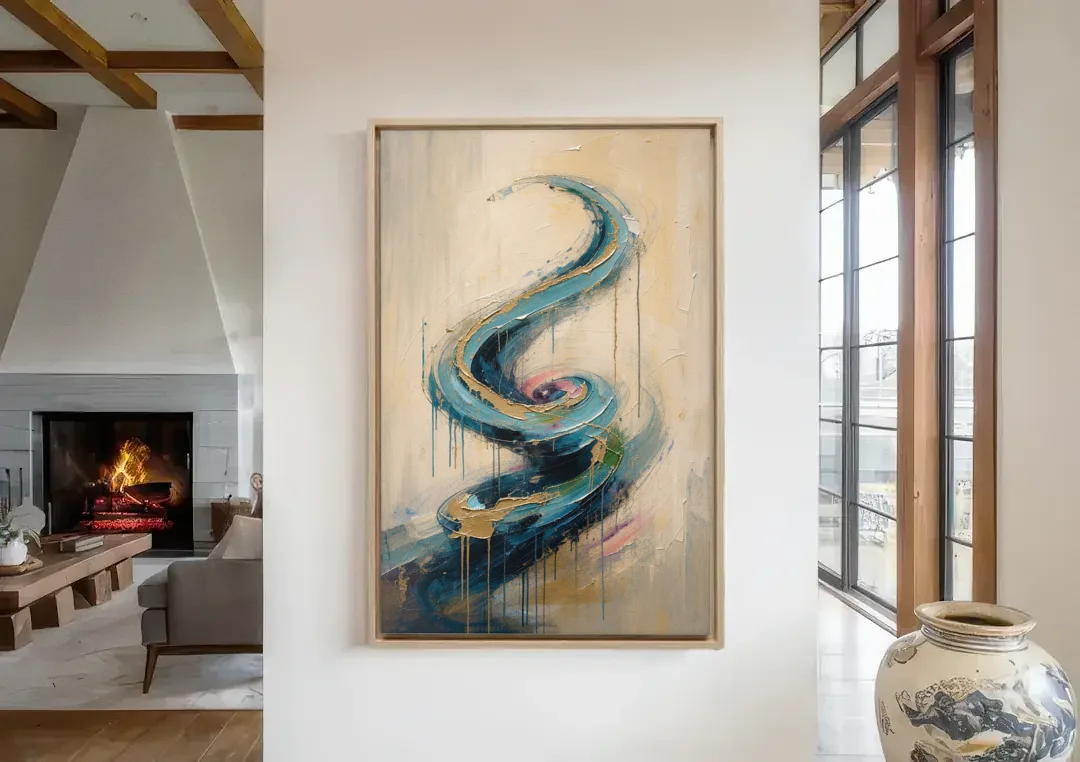 Abstract Blue and Gold Spiral Ascent canvas wall art in a living room with a fireplace