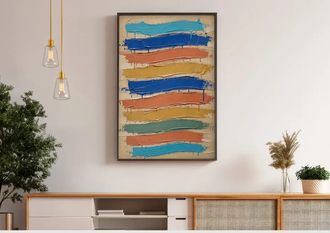 Abstract Canvas Prints Dripping Color Bands canvas wall art above a wooden sideboard under pendant lights