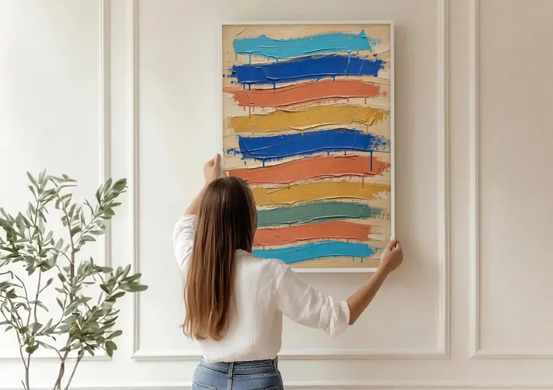Abstract Canvas Prints Dripping Color Bands canvas wall art being hung on a paneled wall