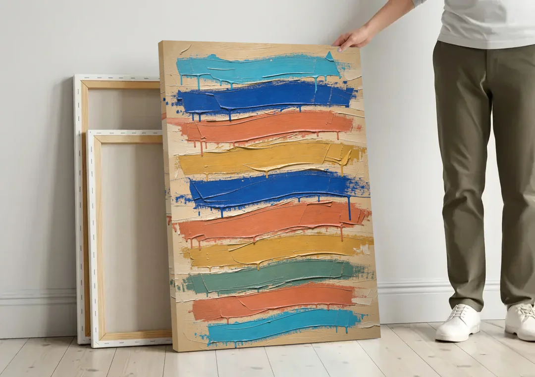 Abstract Canvas Prints Dripping Color Bands canvas wall art leaning against a wall next to blank canvases