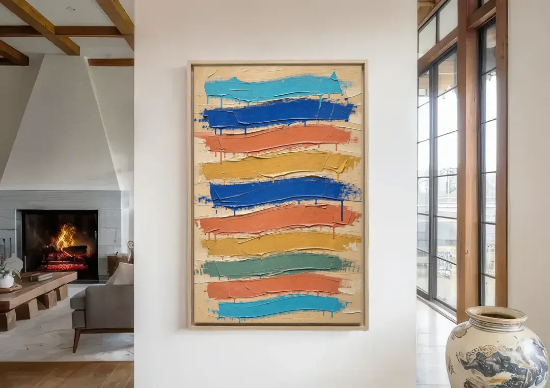 Abstract Canvas Prints Dripping Color Bands canvas wall art in a living room with a fireplace