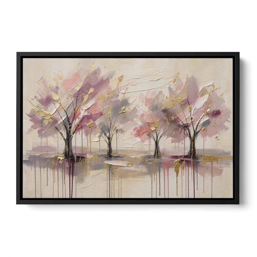 Abstract Cherry Blossom Painting with Gold Drips - Black Framed Canvas Wall Art - Front