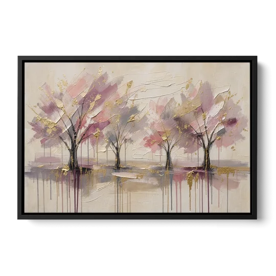 Abstract Cherry Blossom Painting with Gold Drips - Black Framed Canvas Wall Art - Front