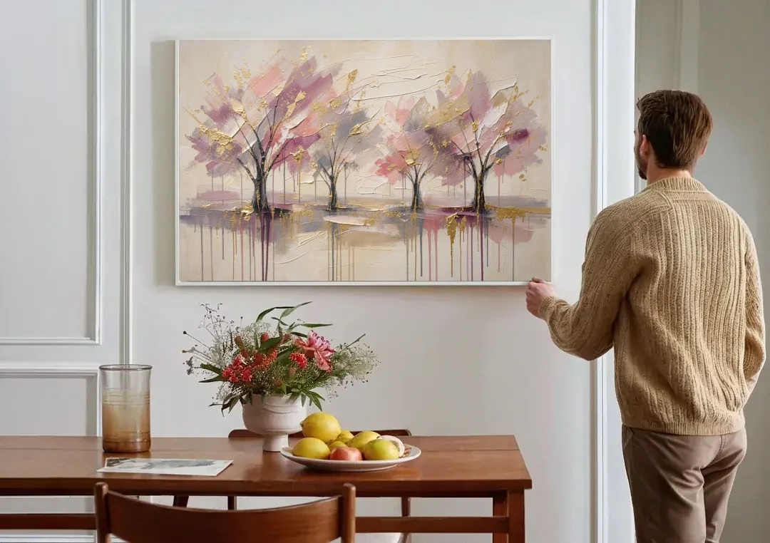 Abstract Cherry Blossom Painting with Gold Drips canvas wall art above a dining table