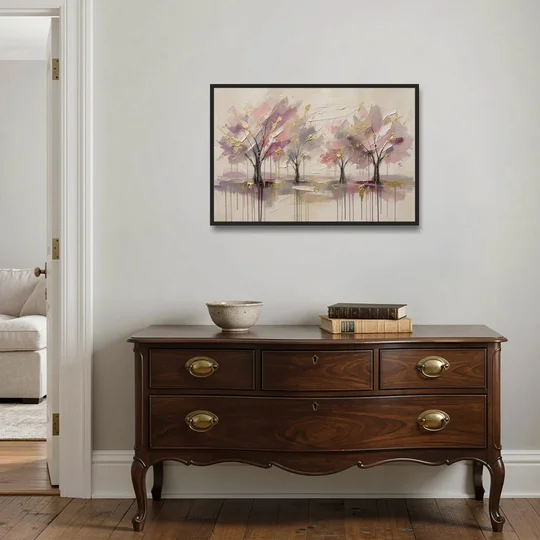 Abstract Cherry Blossom Painting with Gold Drips - Black Framed Canvas Wall Art - Coffee Table - 36x24