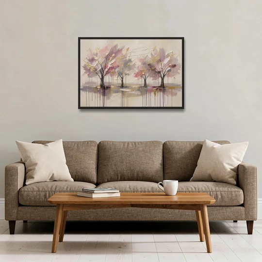 Abstract Cherry Blossom Painting with Gold Drips - Black Framed Canvas Wall Art - Sofa - 36x24