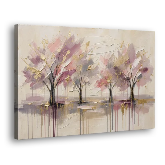 Abstract Cherry Blossom Painting with Gold Drips - Canvas Wall Art - Side