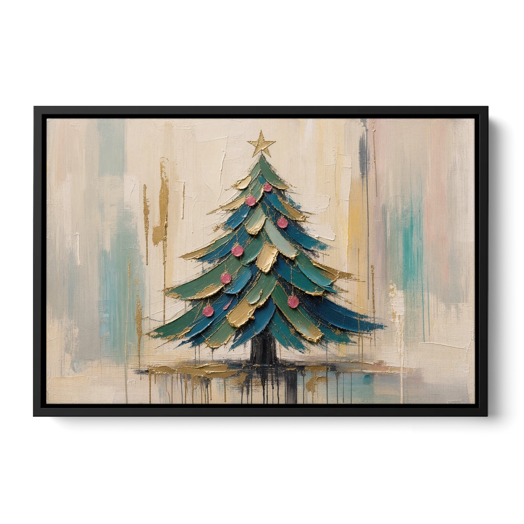 Abstract Christmas Tree Painting in Teal and Gold - Black Framed Canvas Wall Art - Front
