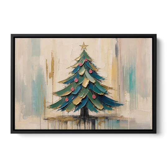 Abstract Christmas Tree Painting in Teal and Gold - Black Framed Canvas Wall Art - Front