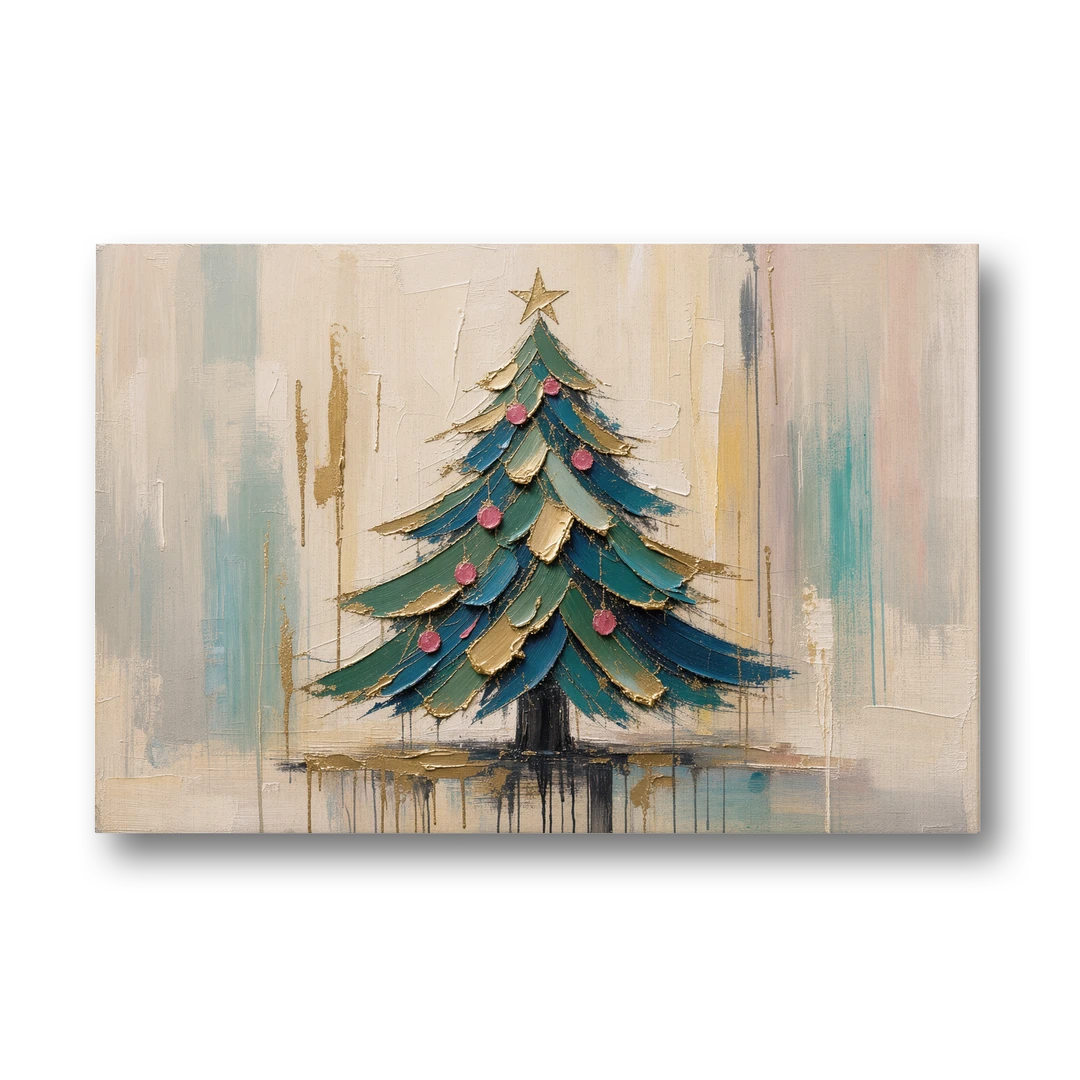 Abstract Christmas Tree Painting in Teal and Gold - Canvas Wall Art - Front