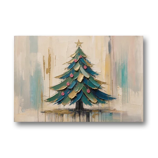 Abstract Christmas Tree Painting in Teal and Gold - Canvas Wall Art - Front