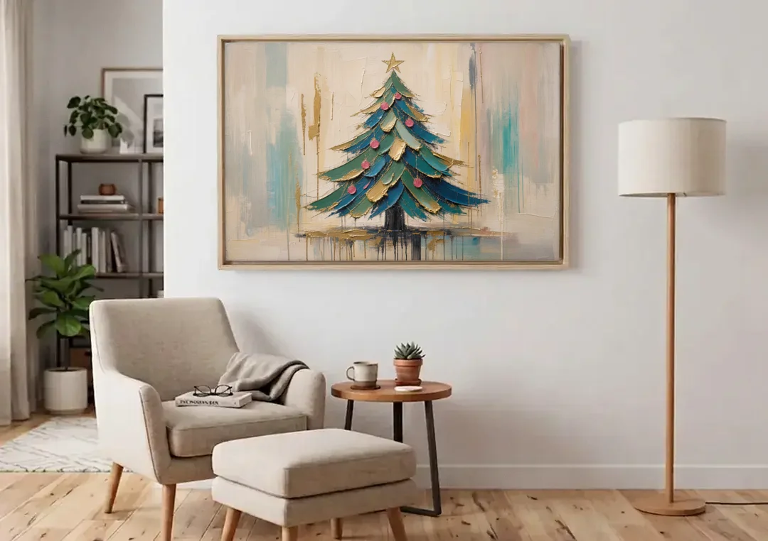 Abstract Christmas Tree Painting in Teal and Gold canvas wall art above an armchair in a bright living room