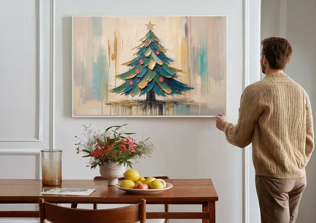 Abstract Christmas Tree Painting in Teal and Gold canvas wall art above a dining table