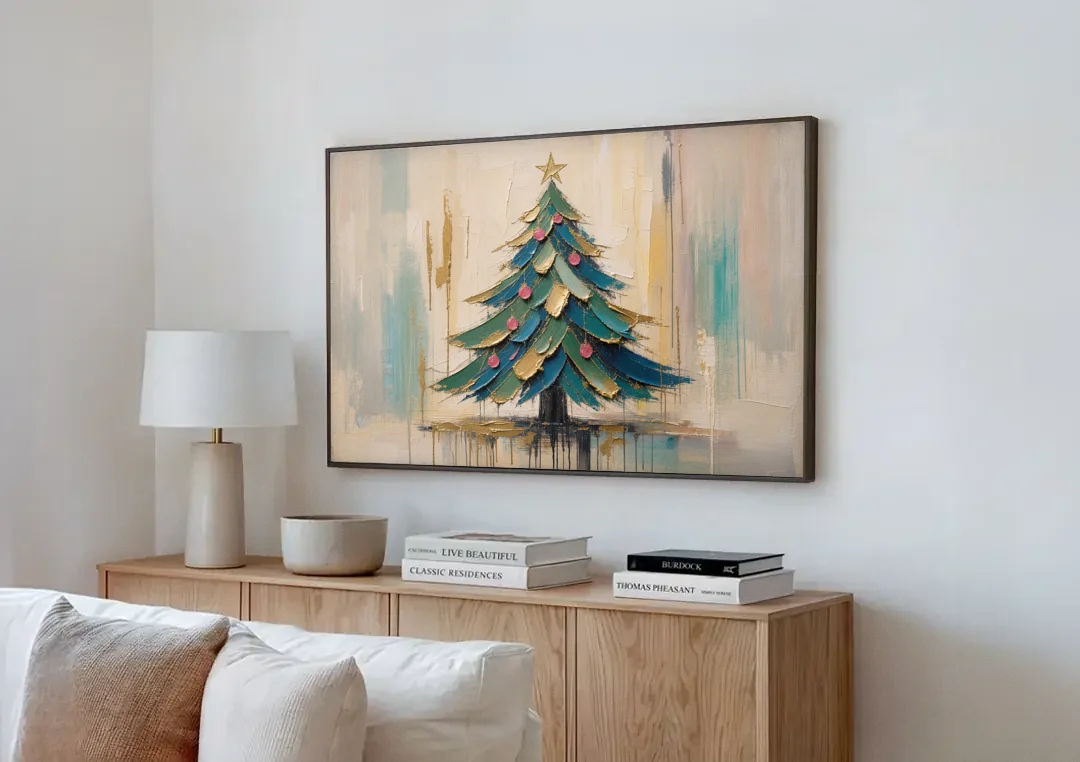 Abstract Christmas Tree Painting in Teal and Gold canvas wall art above a wooden sideboard next to a sofa