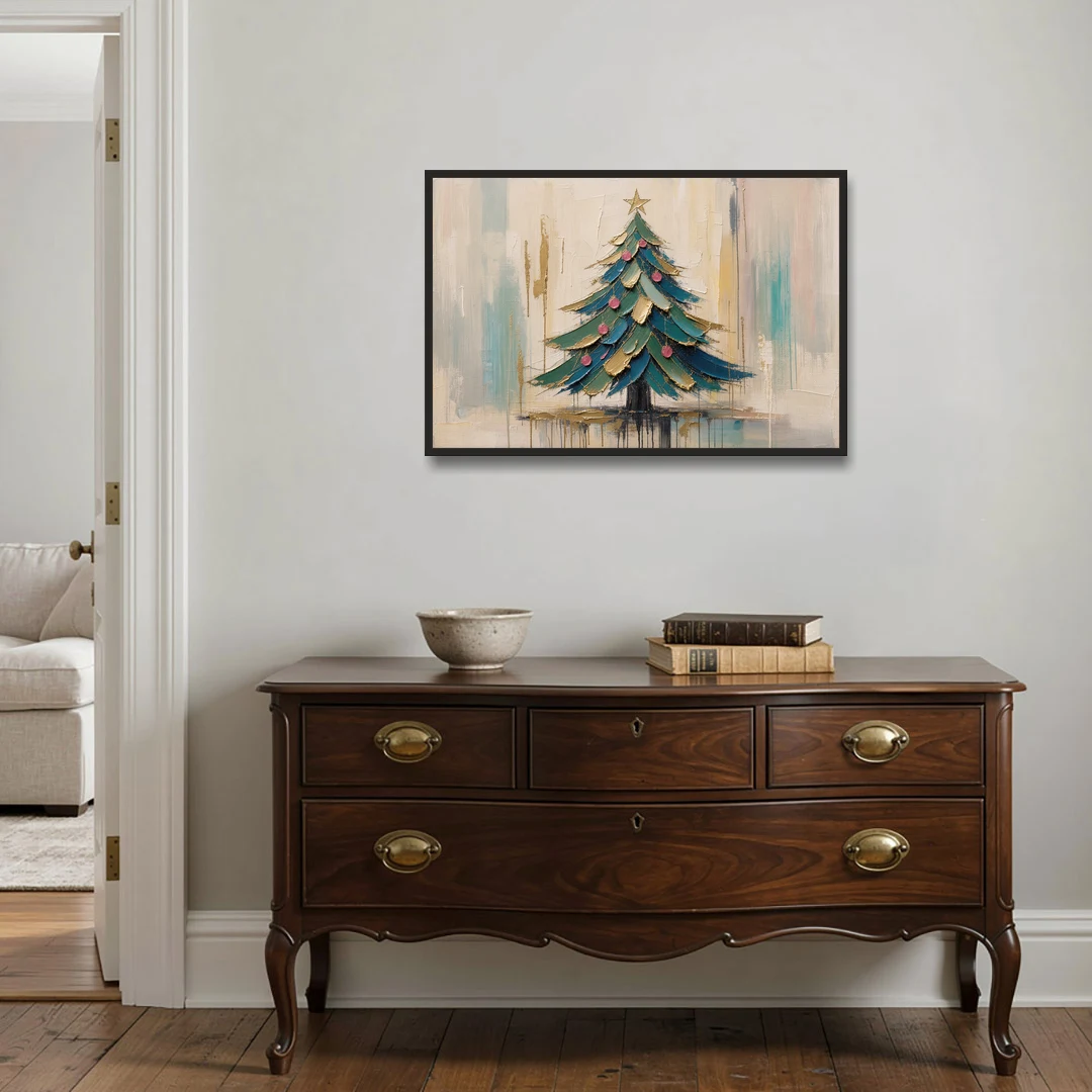 Abstract Christmas Tree Painting in Teal and Gold - Black Framed Canvas Wall Art - Coffee Table - 36x24