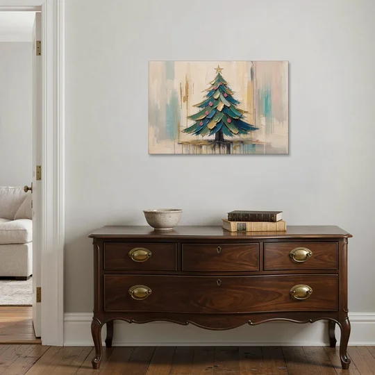 Abstract Christmas Tree Painting in Teal and Gold - Canvas Wall Art - Coffee Table - 36x24