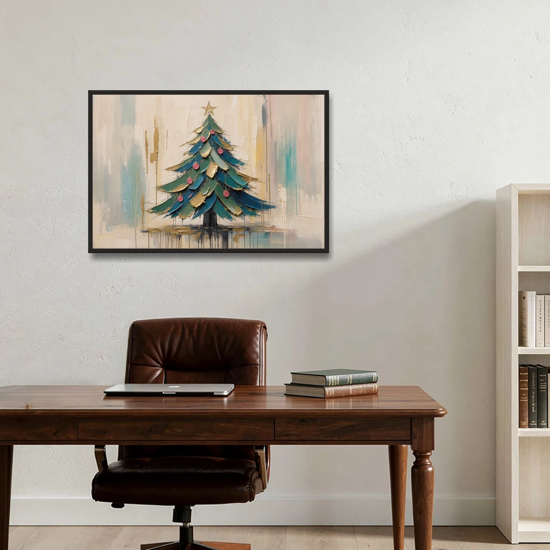 Abstract Christmas Tree Painting in Teal and Gold - Black Framed Canvas Wall Art - Office - 36x24