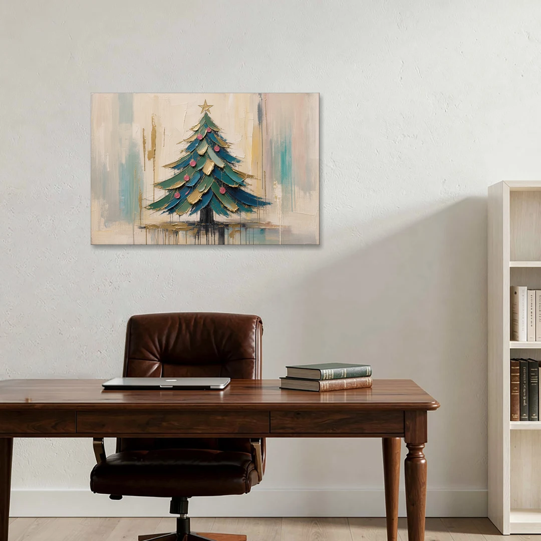 Abstract Christmas Tree Painting in Teal and Gold - Canvas Wall Art - Office - 36x24