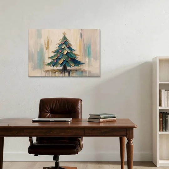 Abstract Christmas Tree Painting in Teal and Gold - Canvas Wall Art - Office - 36x24