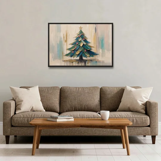Abstract Christmas Tree Painting in Teal and Gold - Black Framed Canvas Wall Art - Sofa - 36x24